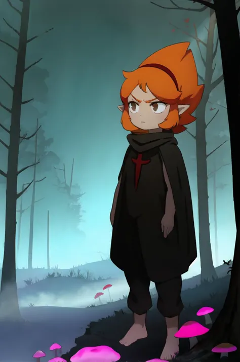 Elely, 1girl, masterpiece, best quality, solo, barefoot, orange hair, brown eyes, pointy ears, red hairband, expressionless, black pants, brown shirt, black cape, night, fog, mist, forest, trees, mushrooms, bioluminescence, frown, looking away, wanderer, <lora:Elely:0.85>