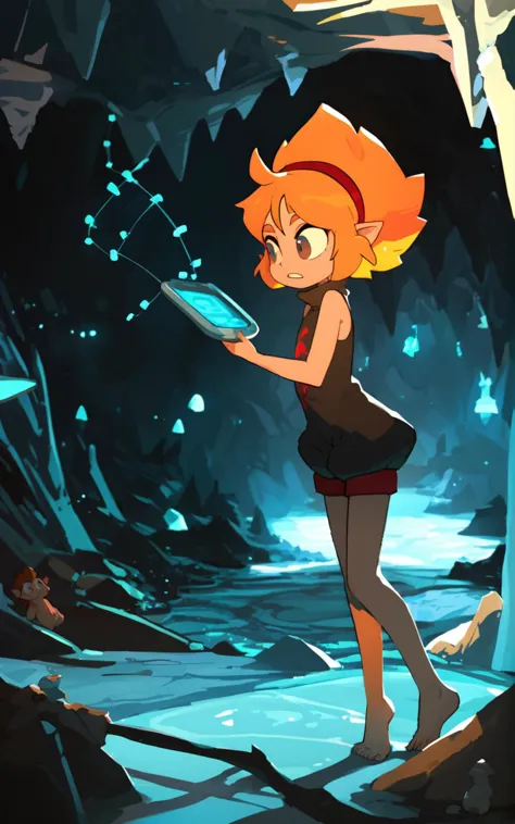 cartoon girl in a cave with a phone in her hand