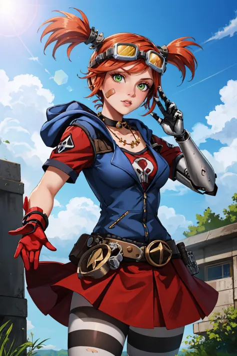 a woman in a red and blue outfit holding a gun