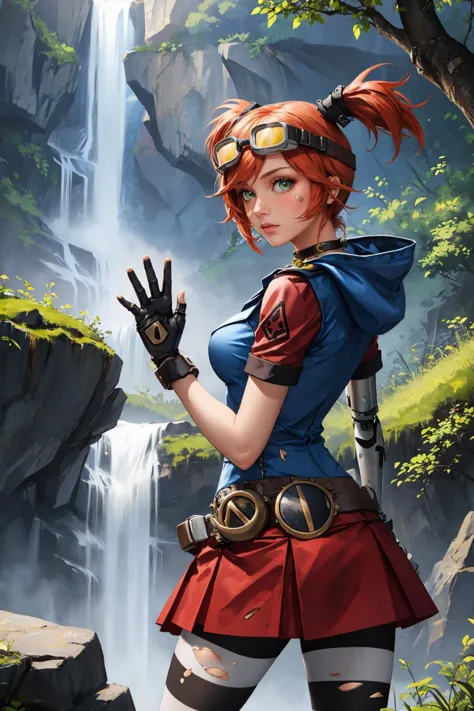 a woman in a red and blue outfit standing in front of a waterfall