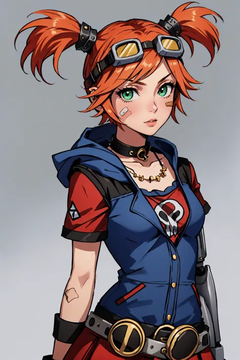 masterpiece, best quality, 1girl, solo, looking at viewer,  <lora:gaigebl2-guy-v2:.95>, gaigebl2, goggles on head, twintails, freckles, bandaid on face, single mechanical arm, choker, gloves, belt,  skirt, striped pantyhose, hood, necklace, torn clothes, upper body,