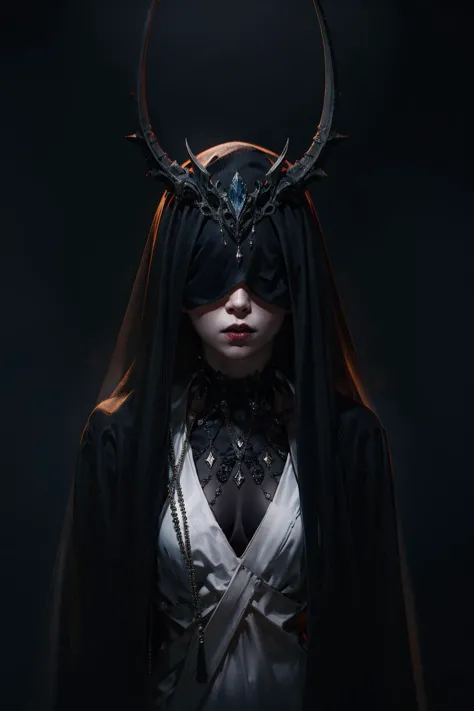 1girl,demon girl,simple background,black background,veil over eyes,upper body,black veil,