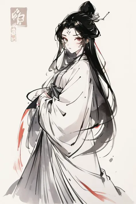 <lora:luxueqi:1>,luxueqi,1girl,solo,long hair,black hair,hair ornament,white background,chinese clothes,jewelry,hair bun,earrings,simple background,forehead mark,dress,hair stick,closed mouth,facial mark,single hair bun,long sleeves,
<lora:Freehand_Brushwork:0.6>,<lora:animeLineartMangaLike_v20Offset:0.2>,lineart,(very long hair:1.3),
portrait,dynamic_angle,front view,kittew,cuteg,flat chest,small_breasts,looking_at_viewer,, best quality , masterpiece, illustration, an extremely delicate and beautiful, extremely detailed ,CG,unity,8k wallpaper, Amazing, finely detail, masterpiece, best quality,official art,extremely detailed CG unity 8k wallpaper,absurdres, incredibly absurdres, huge filesize , ultra-detailed, highres, extremely detailed,beautiful detailed girl, extremely detailed eyes and face, beautiful detailed eyes,light on face,