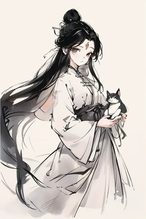 a drawing of a woman in a white dress holding a cat