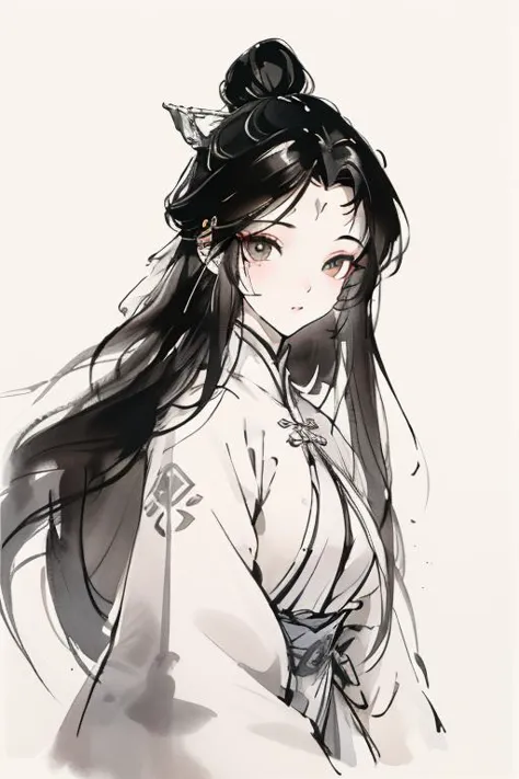 <lora:luxueqi:1>,luxueqi,1girl,solo,long hair,black hair,hair ornament,white background,chinese clothes,jewelry,hair bun,earrings,simple background,forehead mark,dress,hair stick,closed mouth,facial mark,single hair bun,long sleeves,
<lora:Freehand_Brushwork:0.6>,<lora:animeLineartMangaLike_v20Offset:0.2>,lineart,(very long hair:1.3),
portrait,dynamic_angle,front view,kittew,cuteg,flat chest,small_breasts,looking_at_viewer,curvy,, best quality , masterpiece, illustration, an extremely delicate and beautiful, extremely detailed ,CG,unity,8k wallpaper, Amazing, finely detail, masterpiece, best quality,official art,extremely detailed CG unity 8k wallpaper,absurdres, incredibly absurdres, huge filesize , ultra-detailed, highres, extremely detailed,beautiful detailed girl, extremely detailed eyes and face, beautiful detailed eyes,light on face,