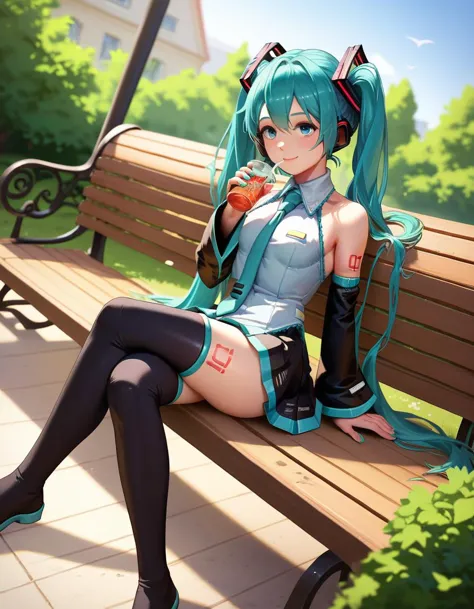 a close up of a person sitting on a bench with a drink