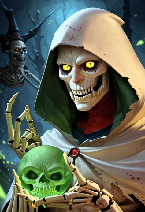 a close up of a skeleton holding a green skull in a dark room