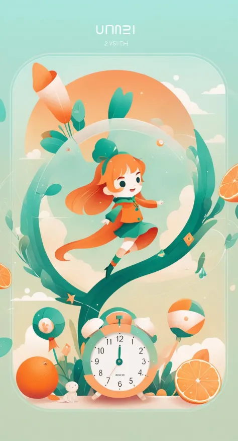 an artwork, Timer, in the style of 2d game art, characterized girl, dmitry vishnevsky, orange and emerald, cute and dreamy, edit...