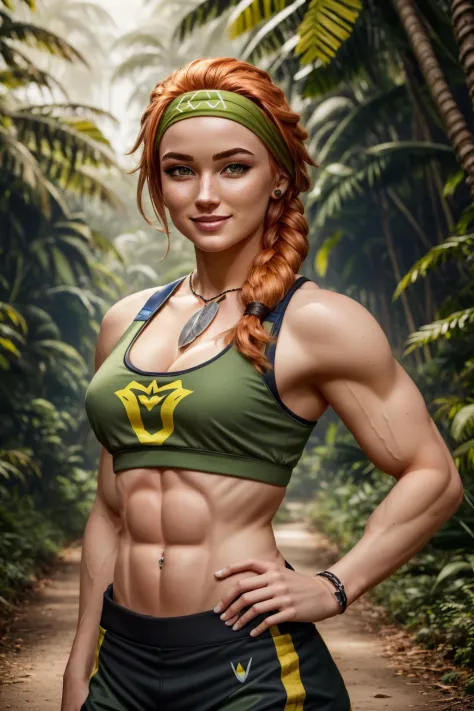 skye \(valorant\), 1girl, hair band, sports bra, abs, orange hair, smile, solo, detailed face, looking at viewer, upper body, potrait, jungle, tree, sunbeam, (masterpiece:1.2, best quality, <lora:Valorant_Skye-000018:0.8>