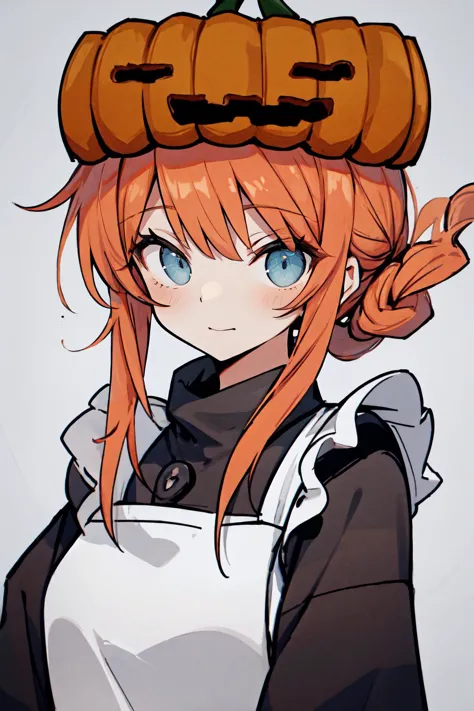 sgolem, blue eyes, pumpkin hat, maid, maid headdress, maid apron