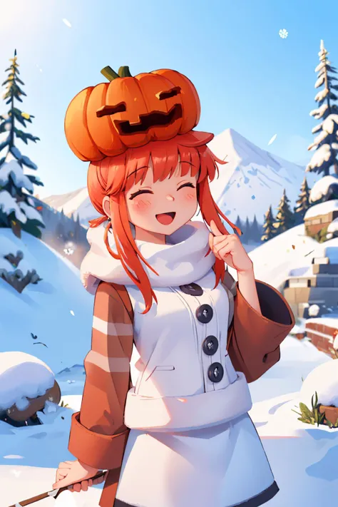 (masterpiece, best quality:1.2), snow, landscape, solo, 1girl, sgolem, :d, looking at viewer, closed eyes, pumpkin hat, coat, white skirt, buttons 