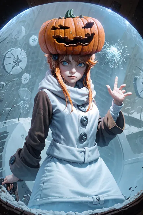 sgolem, blue eyes, pumpkin hat, coat, white skirt, buttons, Forcefield, inside a dome, 