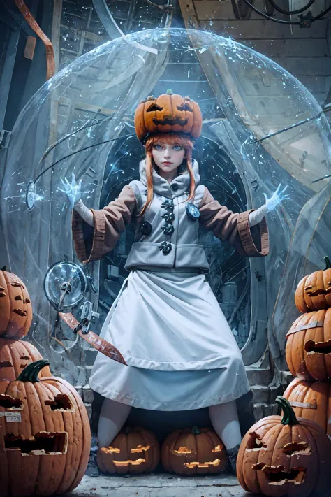 sgolem, blue eyes, pumpkin hat, coat, white skirt, buttons, <lora:Char_Meme_SnowGolem:1>, Forcefield, inside a dome, <lora:Pos_F...