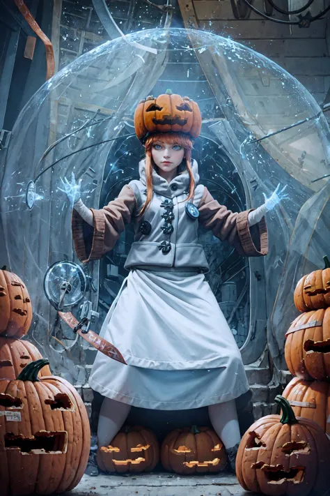 there is a woman in a costume holding a umbrella and pumpkins