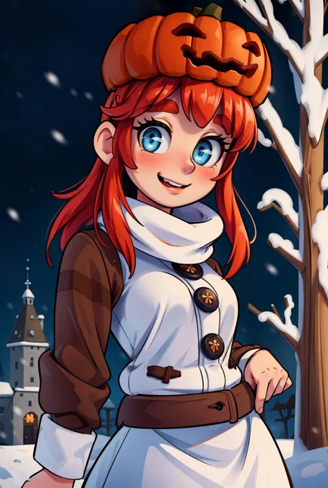 (masterpiece, best quality:1.2), (christmas tree), snow, (elaborate atmosphere:1.4),  outdoors, sgolem, blue eyes, pumpkin hat, coat, white skirt, buttons, very happy