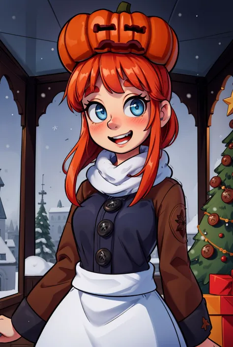 a cartoon girl in a dress and hat standing in front of a christmas tree