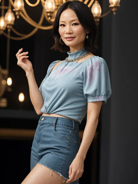 professional photo of Lucy Liu, choppy haircut hair, perfect eyes, wearing relaxed upper body clothing, mock neck, ar nano-cloth,   puff sleeves, knee length, drop waist, open back,,reinforced knees,,coin pockets,,muted wash,,studs, draped lower body clothing, canvas, irregular, heliotrope (a precious stone), slim fit, high waist, tie-dye, gorgeous smile, inspiring tour de force architecture night sky stalagnate,chandelier, soft and ethereal makeup, low lighting, moody, large depth of field, deep depth of field, highly detailed, three quarter shot