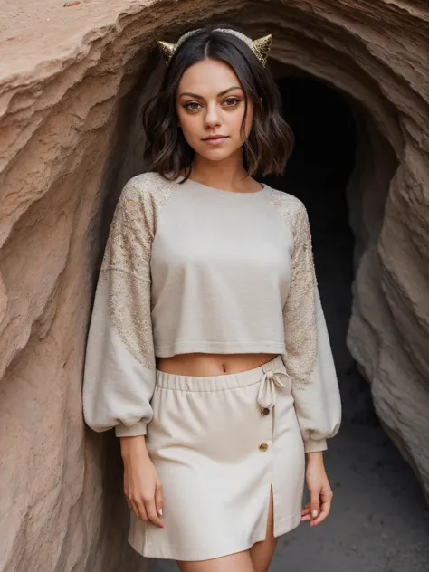 a woman standing in front of a cave wearing a beige top and skirt