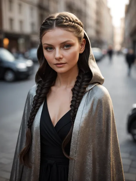 a woman with long hair wearing a cape and a black dress