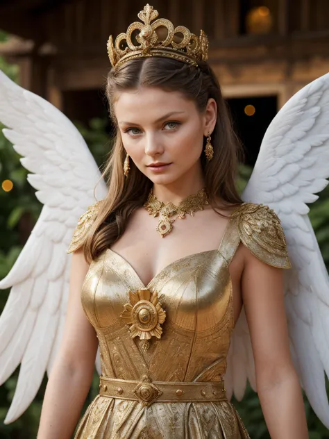 a woman in a gold dress with angel wings and a tia