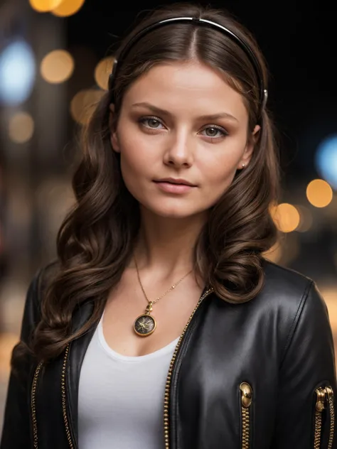 lifestyle photo of a Eniko Mihalik, Tousled curls hairstyle hair, wearing Wearing Steampunk Explorer Aviator Jacket with Goggled Headgear, a compass pendant, standing straight to the camera, (upper body shot:1.3), At the Planetarium, natural lighting, eye level camera angle, perfect eyes, perfect body, perfect teeth, Canon EOS 5D, 35mm, in style of Steve McCurry, ((bokeh, DOF, hyper realistic, super detailed, masterpiece, 8k))