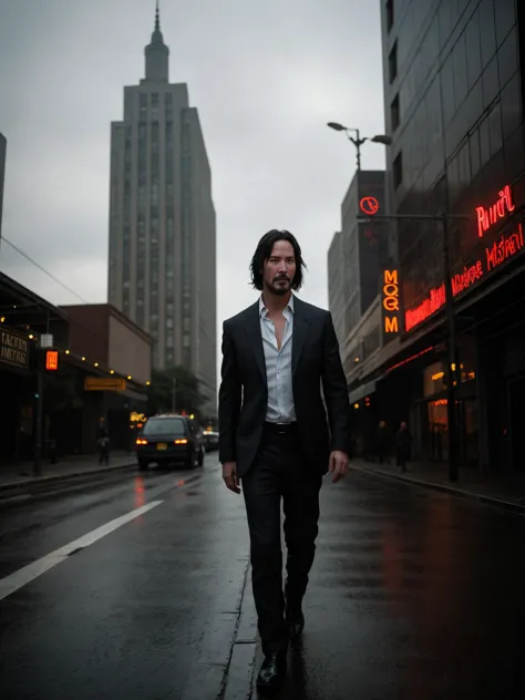 professional photo of Keanu Reeves, buzz cut hair, perfect eyes, wearing  mystic vestments,  celestial wingtip shoes,  ,scarecrow mask , no blur architecture urban landscape street,starfish, upper body shot low lighting, moody, large depth of field, deep depth of field, highly detailed, three quarter shot