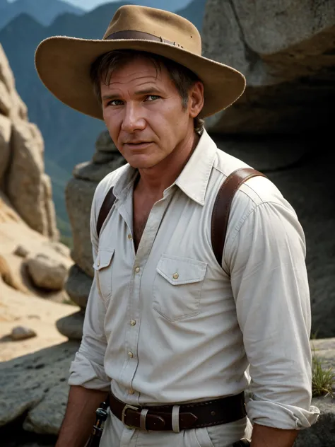 professional photo of Harrison Ford, pompadour hair, perfect eyes, wearing Indiana Jones outfit, bleached wash architecture spaceport eave,murmuring streams,mountain breeze, upper body shot low lighting, moody, large depth of field, deep depth of field, highly detailed, three quarter shot