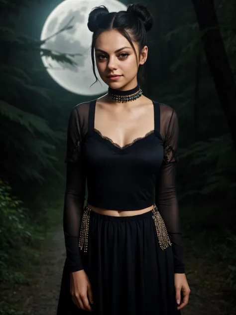 a woman in a black dress standing in front of a full moon