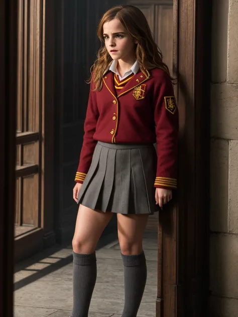 1girl, emma watson as hermione granger, hogwarts, gryffindor uniform, grey socks, (close up:0.3)