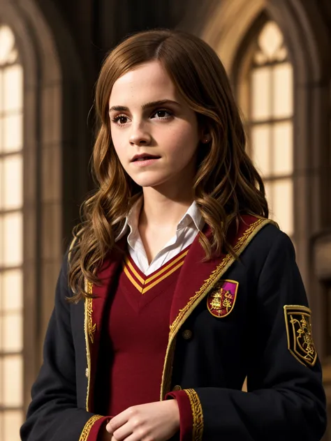 a close up of a person in a harry potter uniform