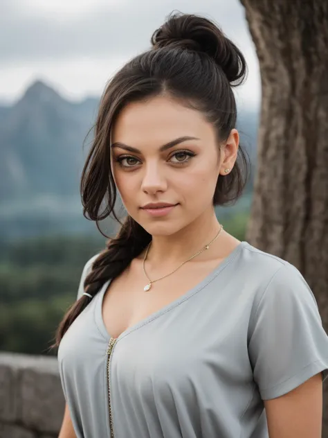 professional photo of Mila Kunis, beehive hairstyle hair, perfect eyes, wearing oversized upper body clothing, v-neck, satin, crosshatch, green roofing, short sleeves, knee length, empire waist, studs,,resin wash,,slit details,,zipper fly,,side seam slits, tailored lower body clothing, thermal-regulating polymer,   tunic length, natural waist, cutout details, tie closure,,scarf,,resin wash, gorgeous smile,  alternate dimensions mountain goat, natural everyday makeup, low lighting, moody, large depth of field, deep depth of field, highly detailed, three quarter shot