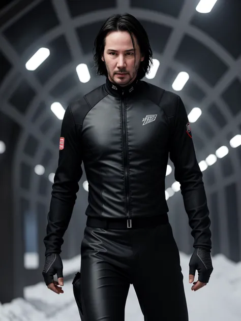 a man in a black leather jacket and black pants walking through a tunnel