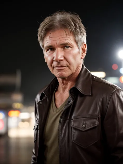 harrison pierce in a leather jacket standing in front of a city at night