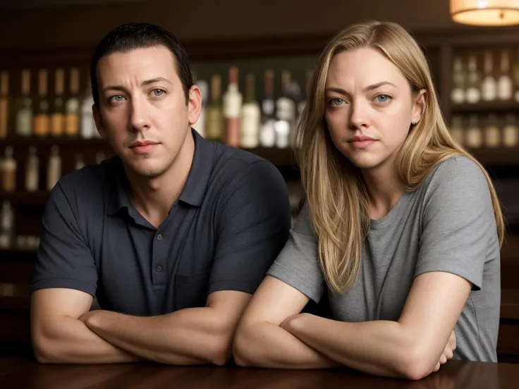 professional photo of Amanda Seyfried with Adam Sandler, perfect eyes, in a bar, upper body shot, natural lighting, moody, large depth of field, deep depth of field, highly detailed