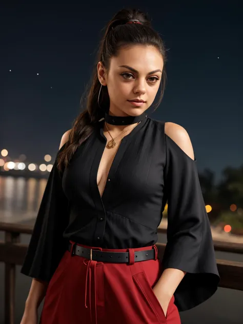 arafed woman in a black top and red pants posing for a picture