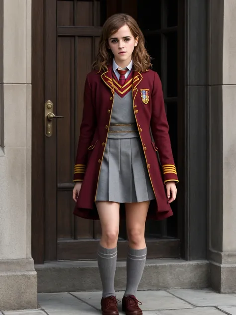 arafed image of a girl in a school uniform standing in front of a door