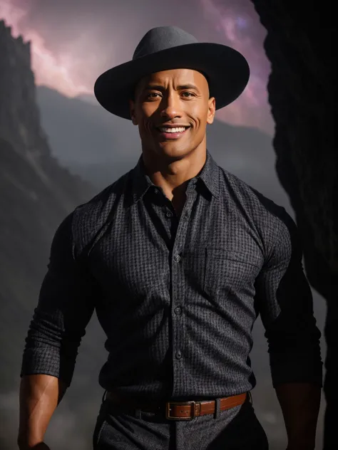 professional photo of Dwayne Johnson, choppy crop hair, perfect eyes, wearing  Jockstraps, lavendergray    houndstooth Slim Fit, chukka boots, sun hat, , gorgeous smile,  magical realm nebula,apocalyptic event,mountaineer, upper body shot low lighting, moody, large depth of field, deep depth of field, highly detailed, three quarter shot