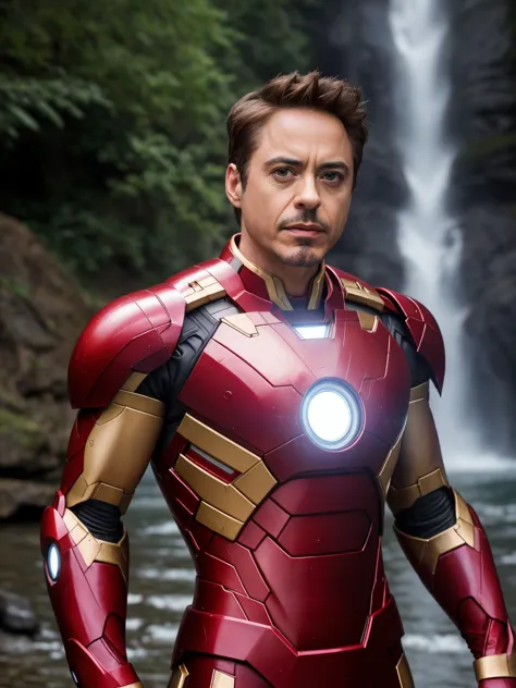 lifestyle photo of Robert Downey Jr. in Iron Man costume, standing straight to the camera, (upper body shot:1.3), At the Waterfall, natural lighting, eye level camera angle, perfect eyes, perfect body, perfect teeth, Canon EOS 5D, 35mm, in style of Steve McCurry, ((bokeh, DOF, hyper realistic, super detailed, masterpiece, 8k))