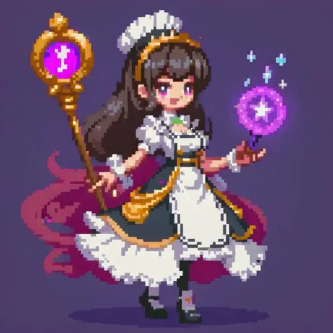 For an image of a cartoon-style video game character: A well-proportioned female magician dressed in a maid outfit, exuding a bl...