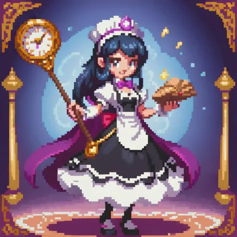 For an image of a cartoon-style video game character: A well-proportioned female magician dressed in a maid outfit, exuding a bl...