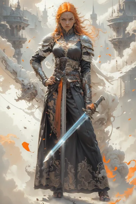 (((woman))), ((angry face:0.6)), (((a detailed sword))), Scenario, (detailed realistic background:1.3), (official art, beautiful...