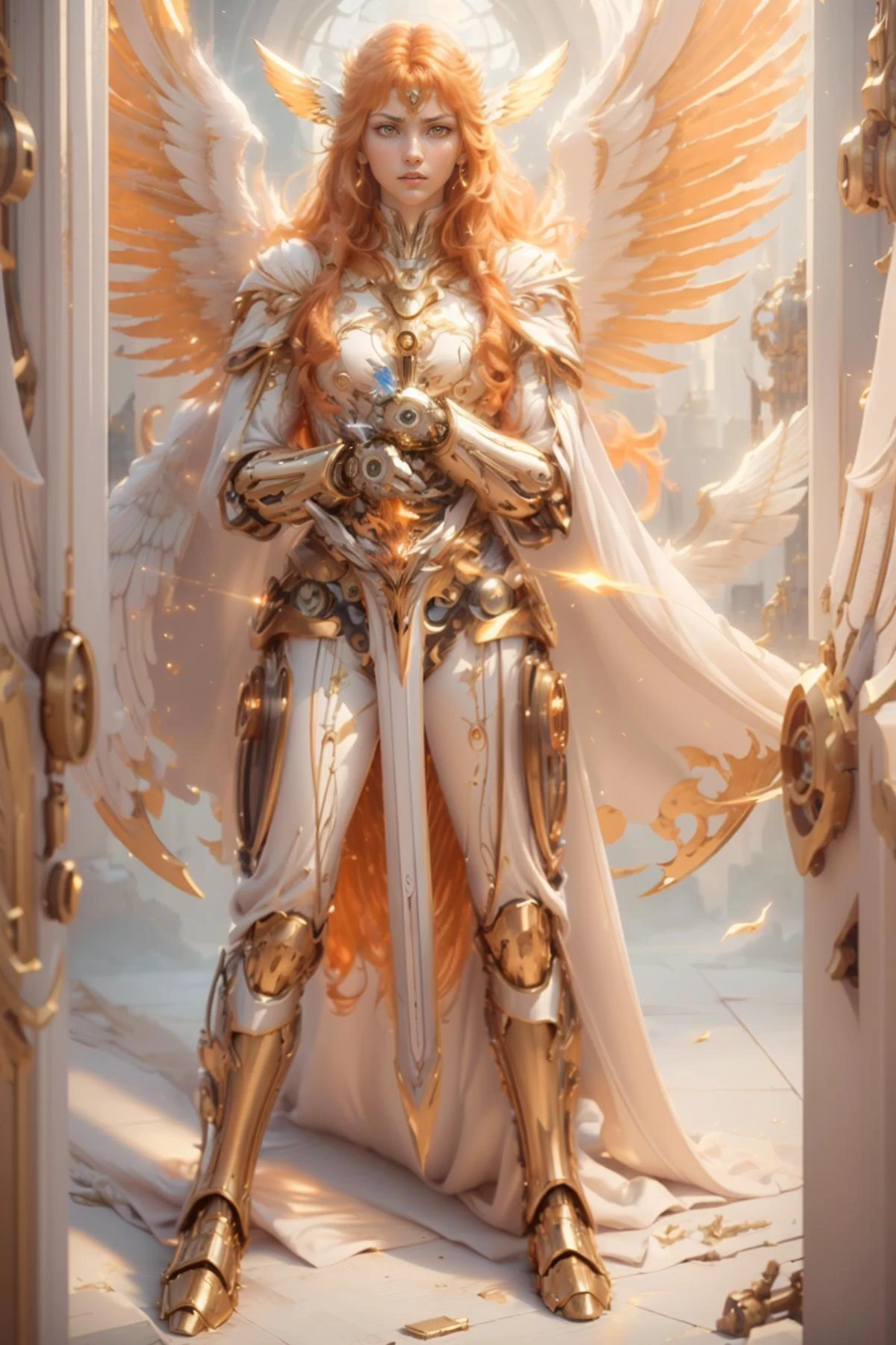 (((woman))),(angry face:0.8), (mechanical wings:1.4),(colorful, dynamic angle, soft light passing through hair), ((detailed sword in hands)), wearing ((white robes:1.2)) ((cloak:1.2)), Scenario, ((orange hair)), imposing look, full body, (detailed realistic background:1.3), (official art, beautiful and aesthetic:1.2), Saint Seiya Shine Golden Pikachu constellation Cloth holding, Background zodiac signs hll,,
IvoryGoldAI,
