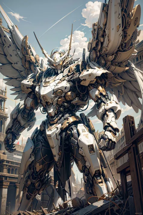 (masterpiece, best quality:1.3),extremely high detailed, intricate, 8k, HDR, wallpaper, cinematic lighting, <lora:Mecha:1> ,sky, flying, holding weapon,  glowing, armor, glowing eyes, mecha, realistic,mecha, large wings, <lora:IvoryGoldAIv2:0.5>