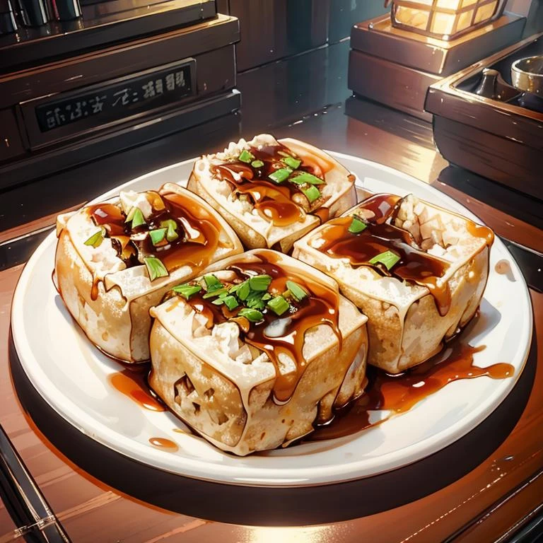 a plate of stinky tofu,((masterpiece)),illustration,high detail, soft lighting, delicious, colorful, aesthetically pleasing, studio lighting, trending 