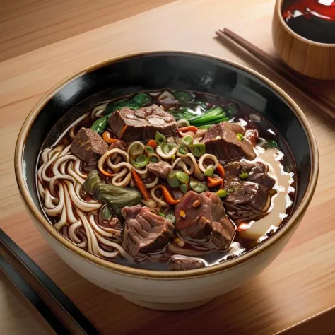 a bowl of beef noodle soup, ((masterpiece)),illustration,high detail, soft lighting, delicious, colorful, aesthetically pleasing...
