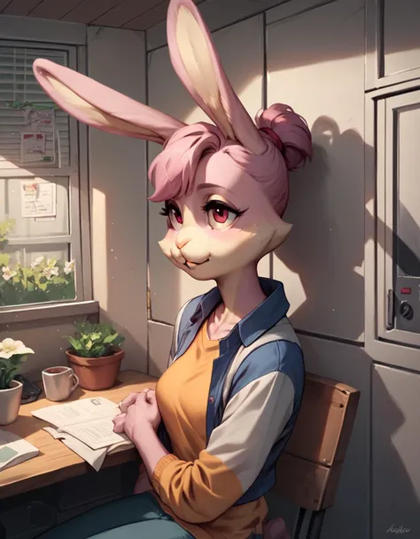 anime girl with bunny ears sitting at a desk with a book