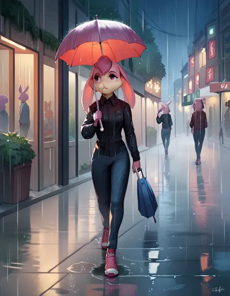 anime girl walking in the rain with umbrella and purse