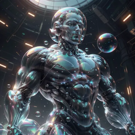 a close up of a robot with bubbles in his hands