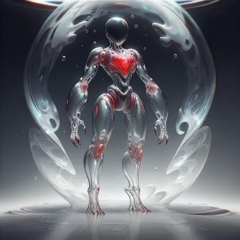 a digital illustration of a humanoid in a bubble with a heart