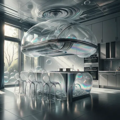 <lora:BubblyTech:0.8>,bubblytech ,scifi, transparent, iridescent , see-through, inflated, 
futuristic kitchen,